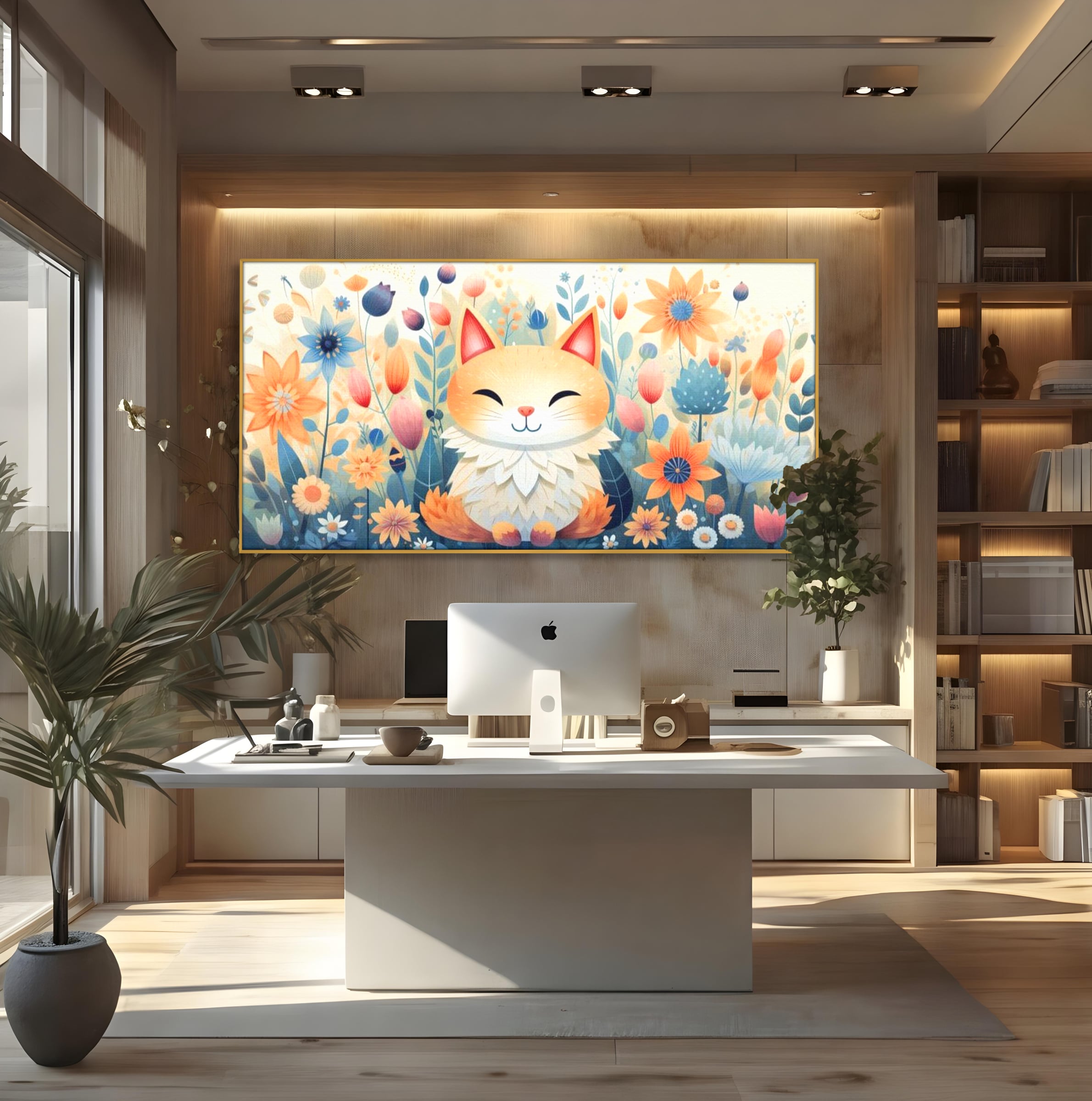 Tablou canvas cu tablou canvas cu pisicuta in gradina cu flori, in rama de aluminiu auriu, pe perete intr-un birou